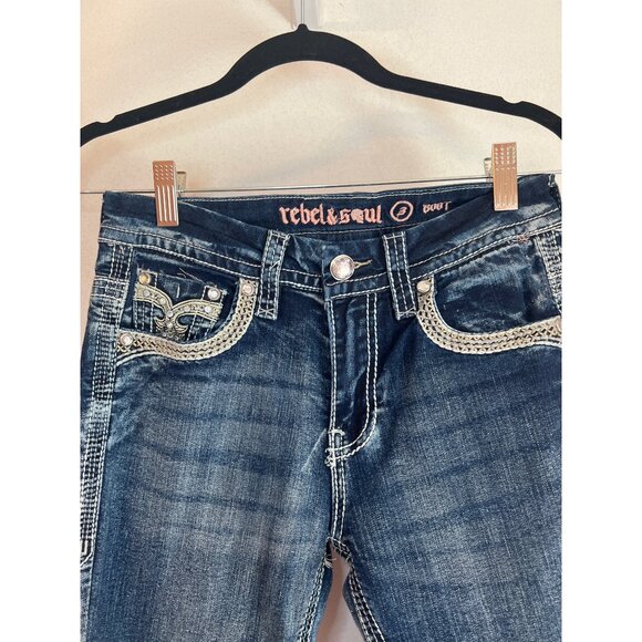 Rebel & Soul Bootcut Denim Jeans W/ Rhinestone Pocket Detail Womens Size 31 - Picture 3 of 5
